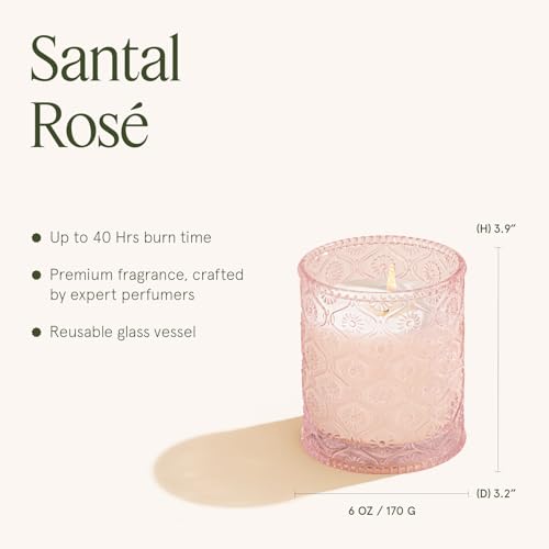 Santal Rose Natural Soy Wax Scented Candle - Pink Glass Jar (6 oz, 40 Hr)