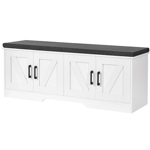 Farmhouse Shoe Storage Bench with 4 Barn Doors and Padded Seat Cushion
