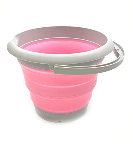SAMMART 5L Foldable Plastic Bucket Grey/Pink - Collapsible Portable Water Pail for Camping & Fishing