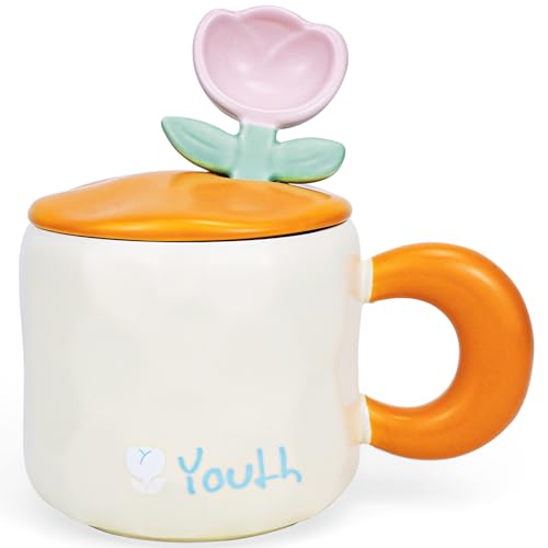 Disoza Pink Tulip 15 OZ Ceramic Coffee Mug with Lid - Floral Tea & Gift for Women