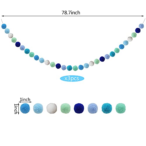 3-Pack Blue Pom Pom Garland - 6.5ft Hanging Ball Banner for Party Decor