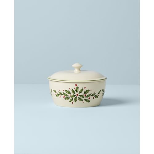 Lenox Holiday Porcelain Covered Casserole Dish with Holly Motif - Festive Serveware