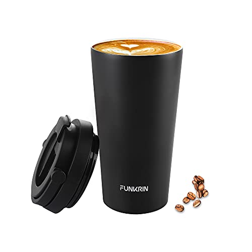 Funkrin Black 2026 Insulated Ceramic Coating Travel Mug 16oz with Flip Lid & Handle
