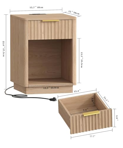 Fluted Nightstand Set with Charging Station and LED Light, 2-Piece