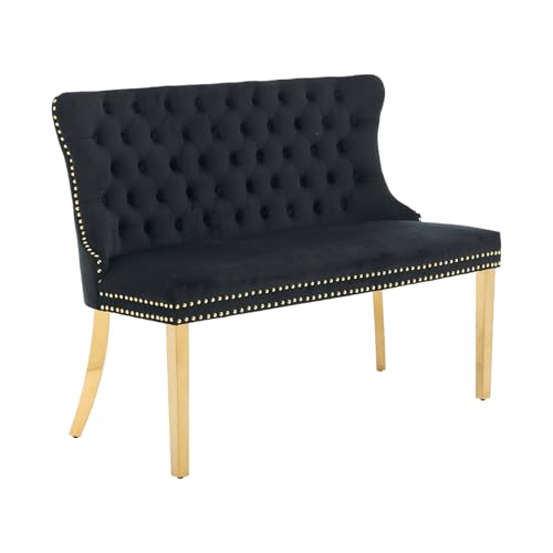 Black Velvet Dining Bench with Back & Gold Stainless Steel Legs - Shenyon, Tufted Banquette Seating, Modern Home Decor