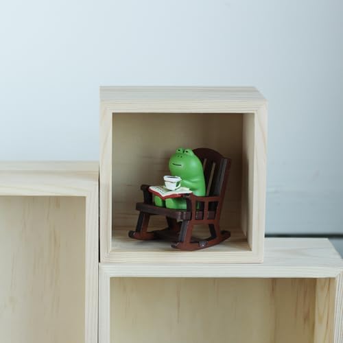 Mini Frog Figurine with Wooden Rocking Chair Desk Ornament Decor