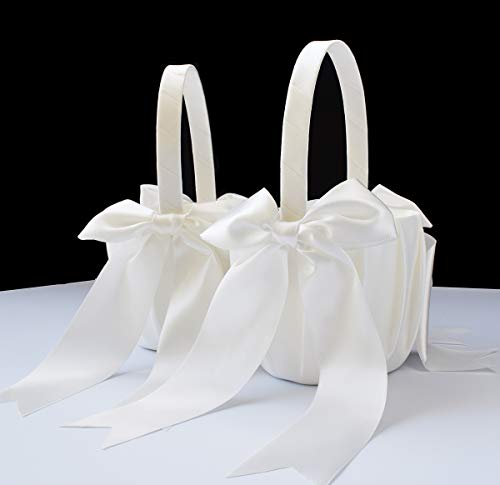 Ivory Satin Flower Girl Baskets - 2 Piece Wedding Ceremony Set with Bows