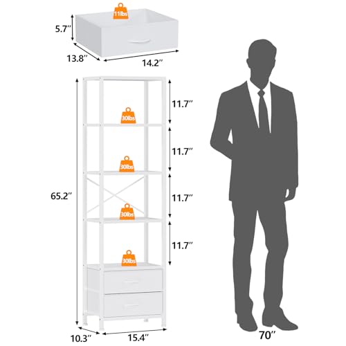 5-Tier Corner Bookshelf with 2 Storage Drawers, White Tall Narrow Shelf