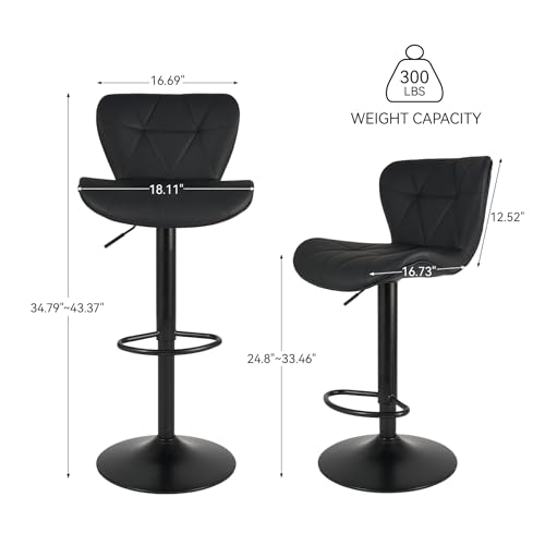 Adjustable Faux Leather Swivel Bar Stools with Back, Set of 2 - Black