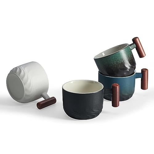 6oz Ceramic Espresso Cups with Wooden Handles - Set of 4 Coffee & Tea Mugs