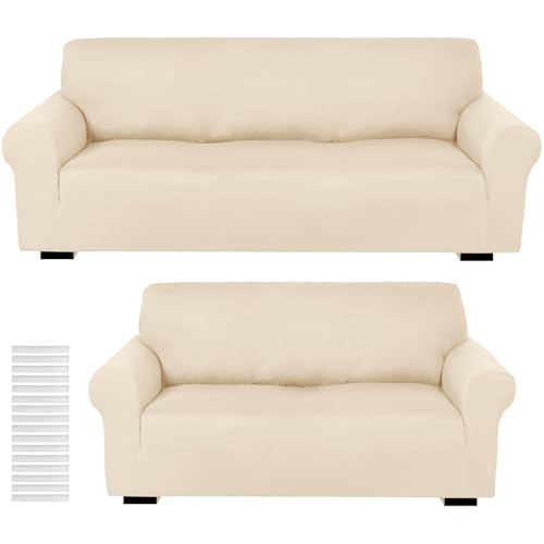 Sofa and Loveseat Covers Set - Cream, Stretchy Polyester & Spandex, Non-Slip, Machine Washable