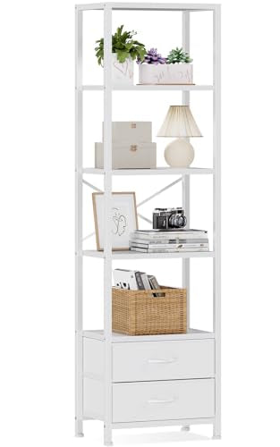 5-Tier Corner Bookshelf with 2 Storage Drawers, White Tall Narrow Shelf