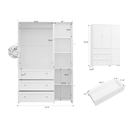 71-Inch Wooden Wardrobe Closet with Mirror, 3 Drawers and Hanging Rod
