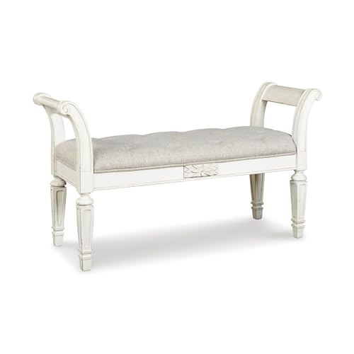 French Provincial Upholstered Accent Bench with Scrolled Arms, Antique White