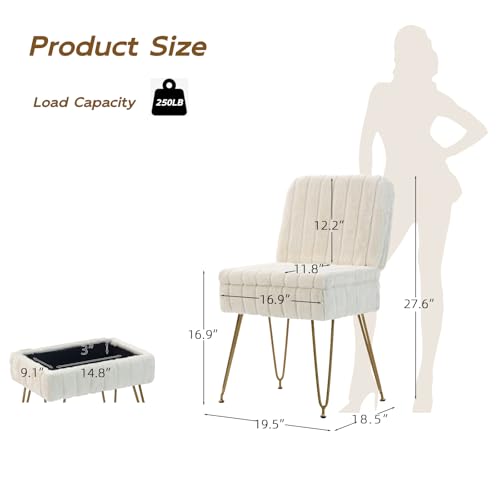 Faux Fur Vanity Chair with Hidden Storage & Folding Backrest - White