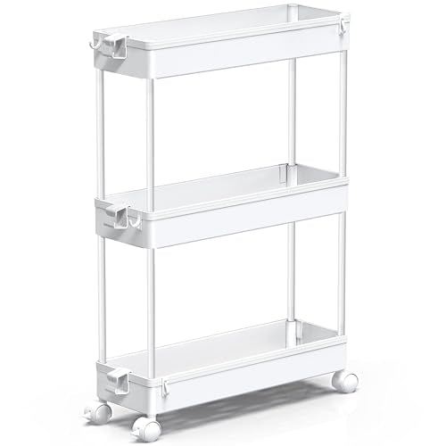 Slim 3-Tier Rolling Storage Cart, Narrow Mobile Utility Cart with Wheels