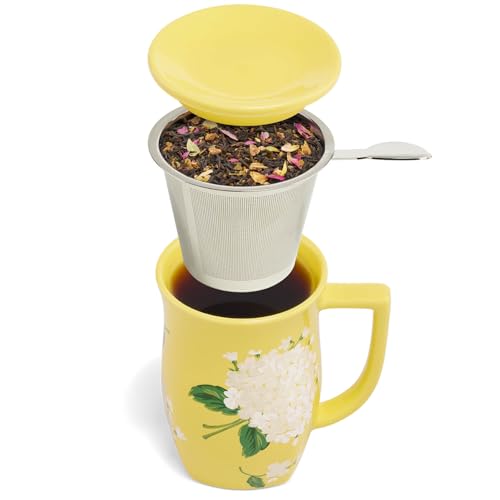 Tea Forte Hydrangea Ceramic Fiore Tea Cup with Infuser, 14 oz - Elegant Double-Wall Mug