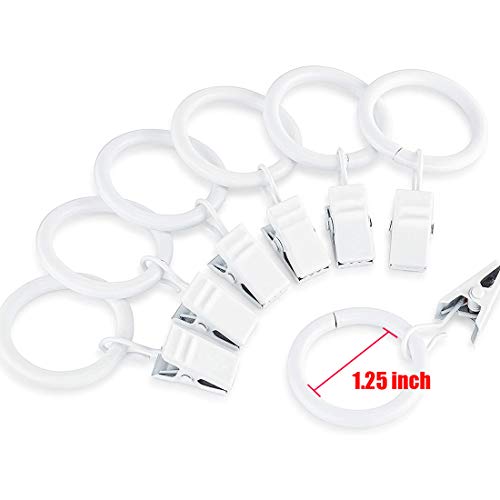 1.25 Inch Curtain Rings with Clips - Set of 14 White Metal Drapery Hooks