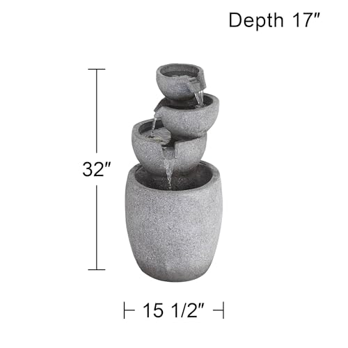 32-Inch Four-Bowl Cascading Floor Fountain with LED Light, Faux Stone Finish