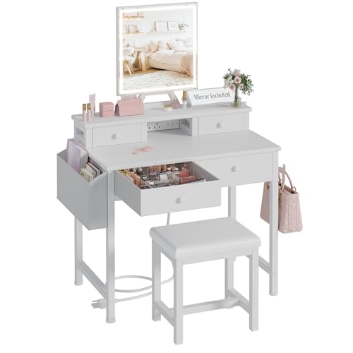 Makeup Vanity Desk with LED Mirror, Power Outlet, and Stool