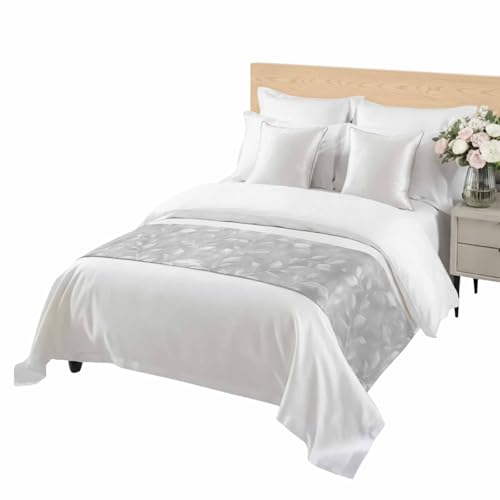 Silver Gray Leaf Bed Runner, 102x20 Inch Cal King Decorative Bed Scarf