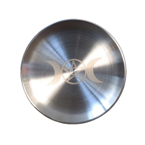 Triple Moon Pentagram Altar Plate - Brushed Stainless Steel Offering Tray