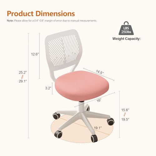 Pink Small Armless Swivel Office Desk Chair - Breathable Mesh, Adjustable Height