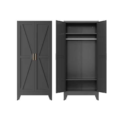 71-Inch Metal Wardrobe Closet with Hanging Rod, 2 Doors, and Shelves