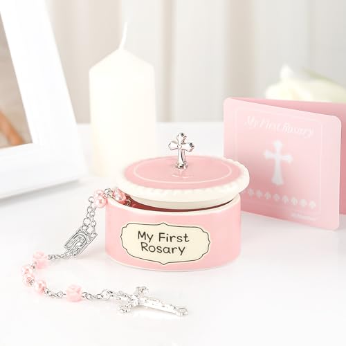 Baby Girl Baptism Gift Set - Pink Rosary with Ceramic Keepsake Box