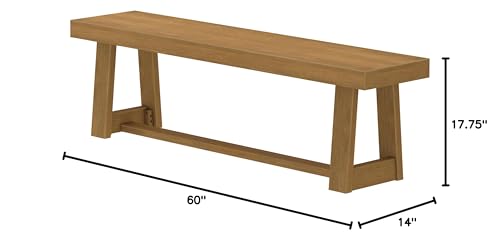 60-Inch Solid Wood Farmhouse Dining Bench, Pecan Wirebrush Finish
