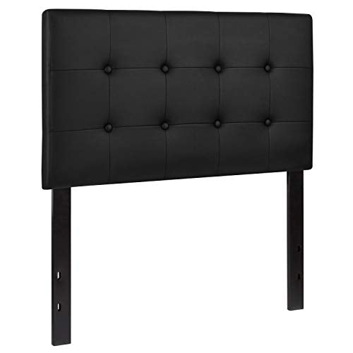 Adjustable Height Button Tufted Twin Headboard, Black Vinyl Upholstered