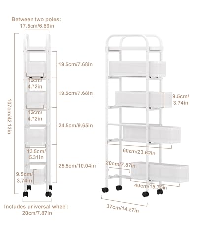 5-Tier Narrow Mobile Storage Cart with Pull-Out Baskets - 6.9-Inch Slim Rack