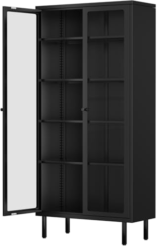 67-Inch Metal Glass Display Cabinet with 4 Adjustable Shelves, Black