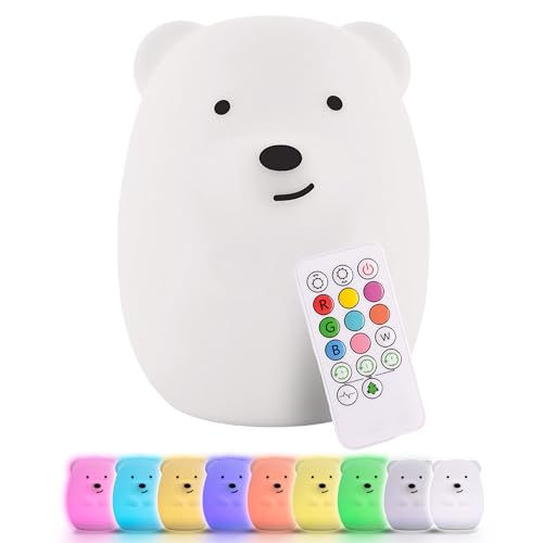 Squishy Bear LED Night Light for Kids - Rechargeable Silicone Lamp