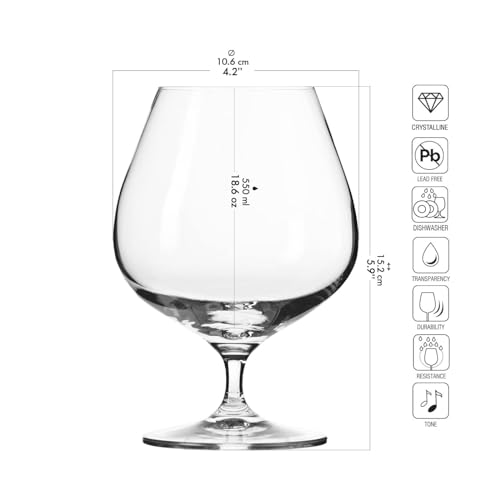 Krosno Cognac Glasses Set of 6, 18.6 oz, Elegant Lead-Free Crystal