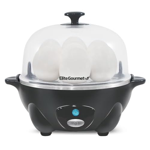 Elite Gourmet EGC710DKG Rapid Egg Cooker, 7 Easy-To-Peel, Hard, Medium, Soft Boiled Eggs, Poacher, Omelet Maker, Auto Shut-Off, Alarm, 16-Recipe Booklet, BPA-Free, Ash