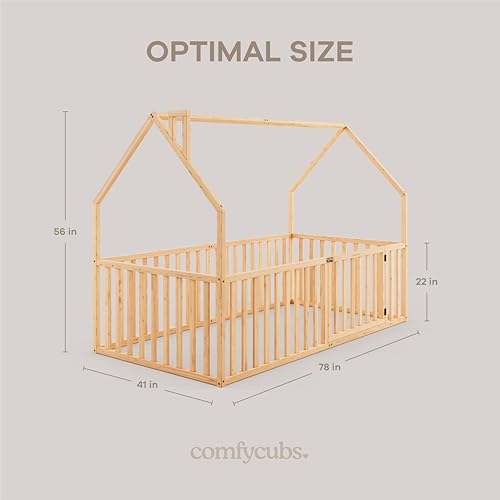 Twin Size Montessori House Bed Frame with Safety Gate and Wood Rails