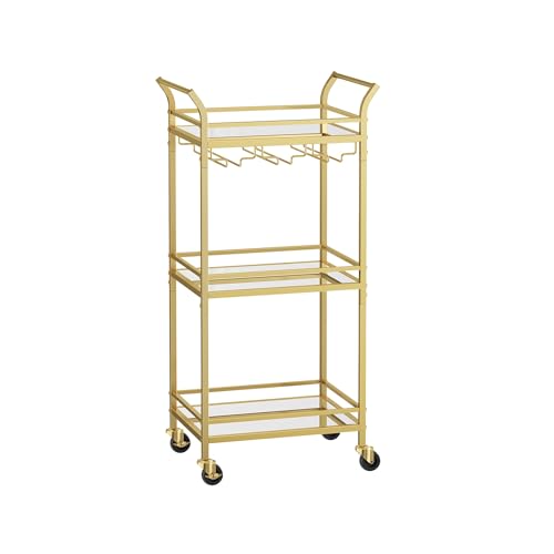 3-Tier Gold Rolling Bar Cart with Mirrored Glass Shelves and Wine Glass Racks