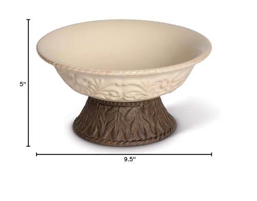Detailed Embossed Cream Ceramic 9.5-Inch Dia. Bowl With Beautiful Acanthus Leaf Scrolled Metal Base