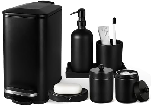 7-Piece Matte Black Glass Bathroom Accessory Set with Trash Can