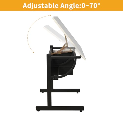 Adjustable Drafting Table with Stool and 3 Drawers, Tilting Art Desk