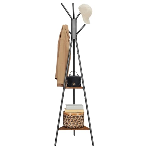 Freestanding Industrial Hall Tree with 6 Hooks and 2 Storage Shelves
