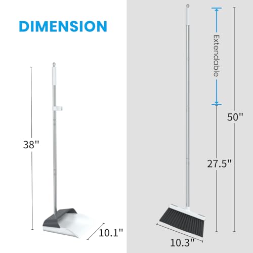 Stand Up Dustpan and Broom Set - 50" Ergonomic Long Handle Broom with Comb