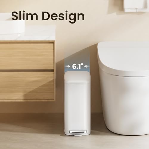 Slim Bathroom Trash Can with Lid, Soft Close Stainless Steel 6L