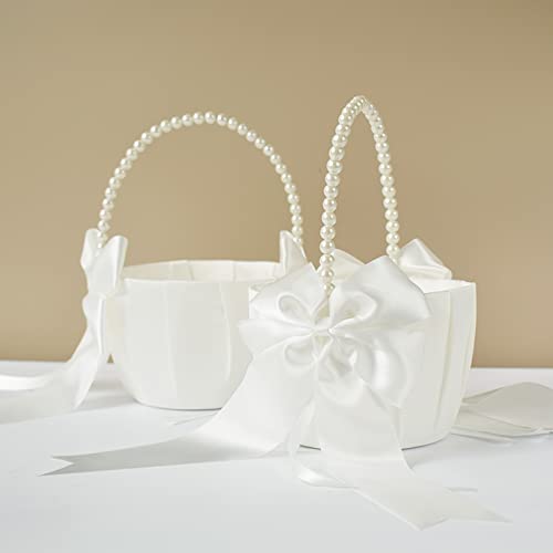 Ivory Satin Flower Girl Baskets with Pearl Handles - Set of 2
