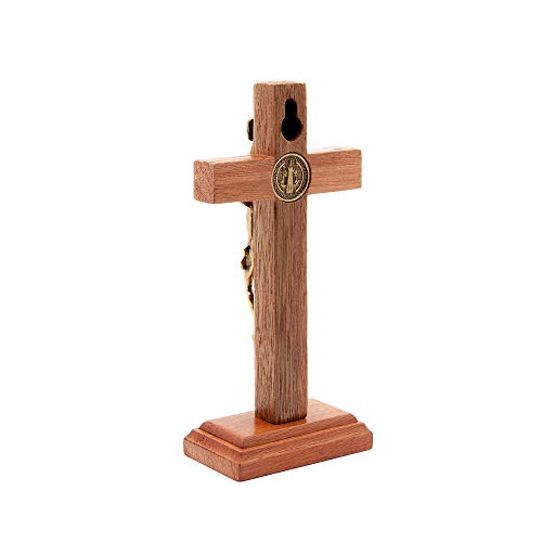 5-Inch Solid Walnut Wood Crucifix with Saint Benedict Medal - Antique Gold