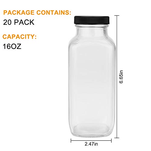 16oz Square Glass Bottles with Airtight Lids - 20 Pack for Beverages