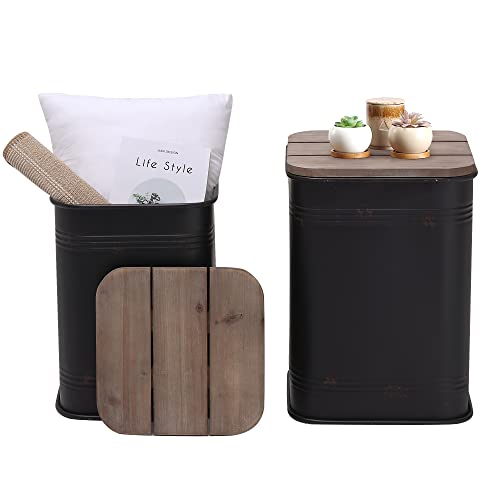 Farmhouse Galvanized Metal Storage Side Table Set - Nesting Barrel Stools