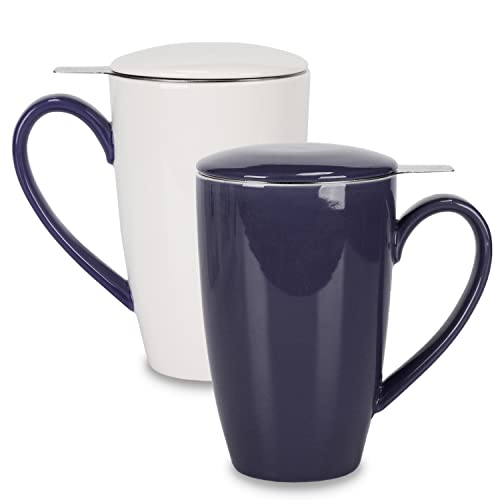 Amhomel 16oz Porcelain Tea Mug with Infuser & Lid Set of 2 Navy Blue & White