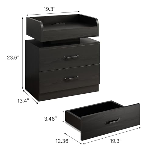 Modern LED Nightstand with Charging Station and 2 Drawers, Black
